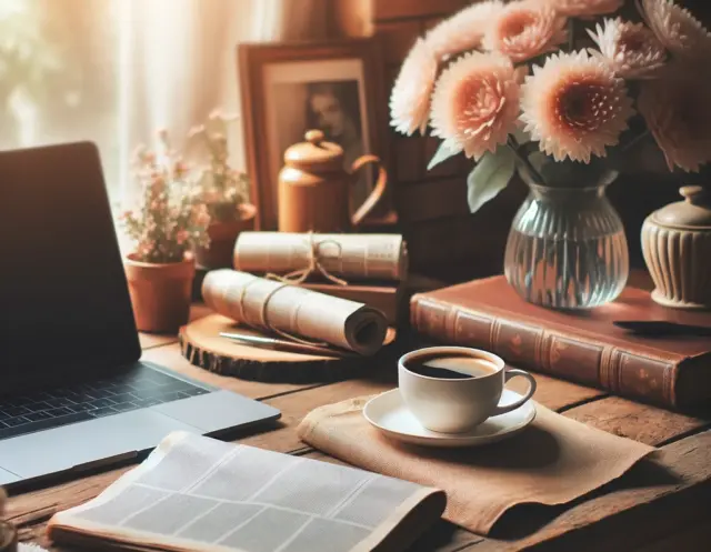 DALL·E 2024-06-09 20.55.06 - A peaceful and loving scene featuring a newspaper, a cup of coffee, and a laptop on a wooden table. In the background, there are some flowers adding a