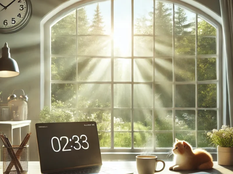 A cozy workspace with a laptop, coffee, and sunlight streaming through an open window with a view of nature, conveying calm and focus