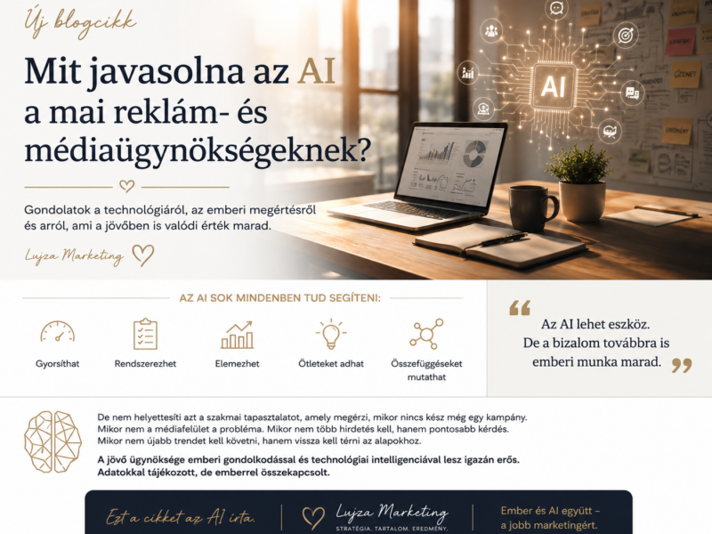 Emberi szakmai gondolkodást és mesterséges intelligenciát jelképező letisztult kép, amely a reklám- és médiaügynökségek jövőjére utal.