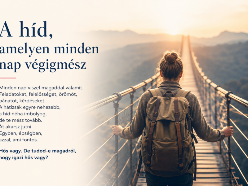 Egy ember egy hosszú hídon halad át hátizsákkal, miközben a túloldalon világosabb, reményteli táj látszik.