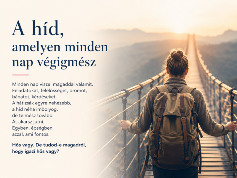 Egy ember egy hosszú hídon halad át hátizsákkal, miközben a túloldalon világosabb, reményteli táj látszik.
