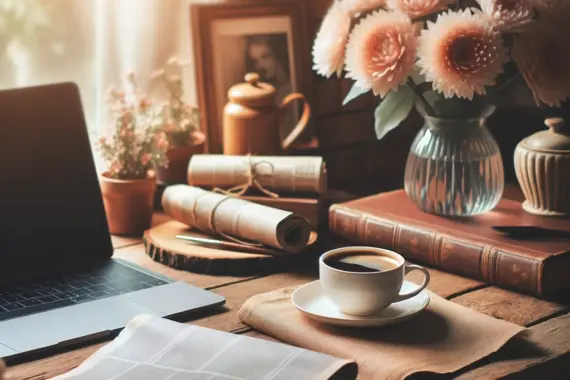 DALL·E 2024-06-09 20.55.06 - A peaceful and loving scene featuring a newspaper, a cup of coffee, and a laptop on a wooden table. In the background, there are some flowers adding a