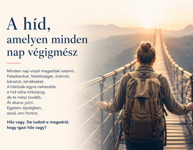 a-hid-amelyen-minden-nap-vegigmesz Egy ember egy hosszú hídon halad át hátizsákkal, miközben a túloldalon világosabb, reményteli táj látszik.
